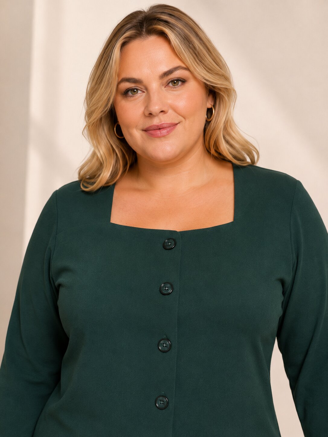 U&F Beyond Plus Size Forest Green Button-Front Square Neck Top