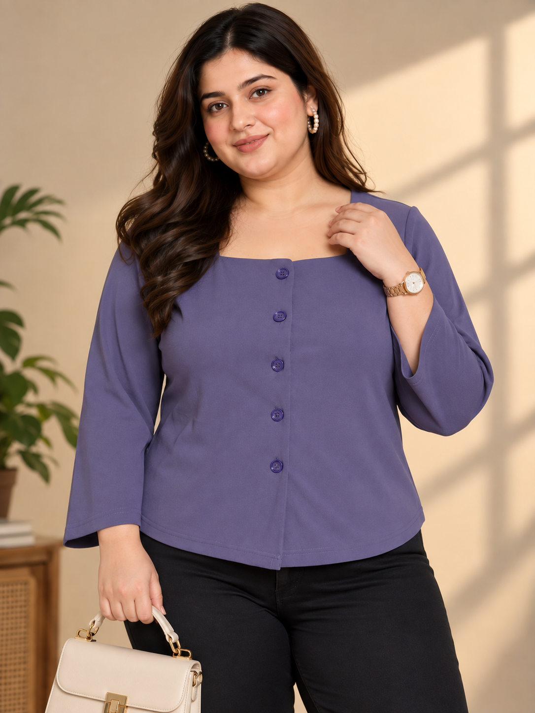U&F Beyond Women Plus size Solid Purple Square Neck Button-Front Top