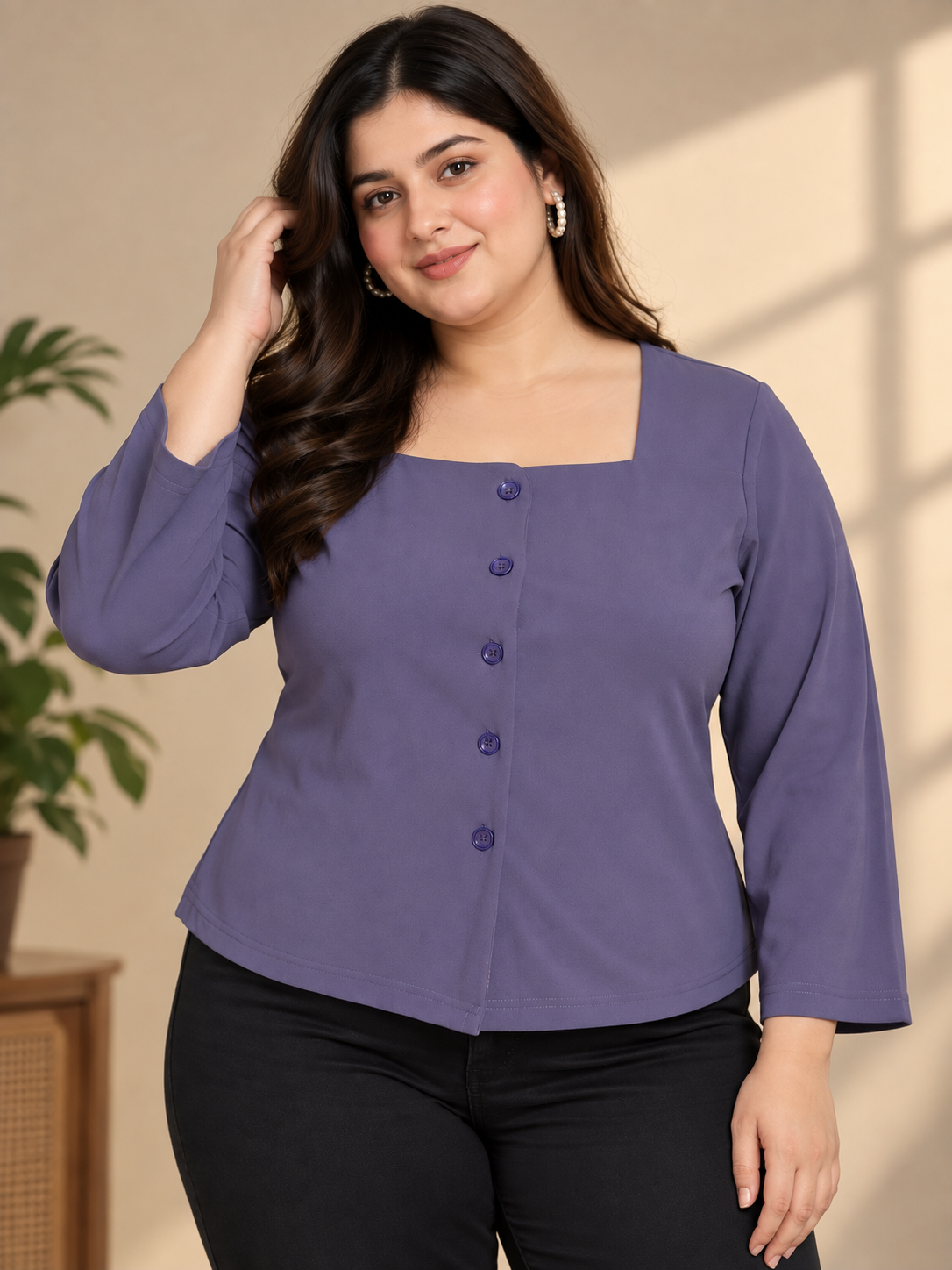 U&F Beyond Women Plus size Solid Purple Square Neck Button-Front Top