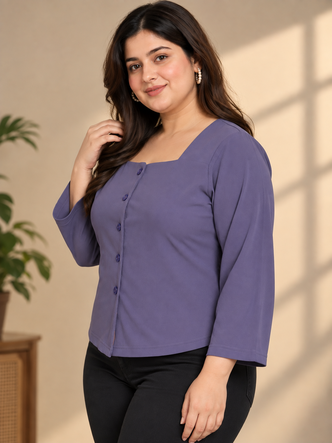 U&F Beyond Women Plus size Solid Purple Square Neck Button-Front Top