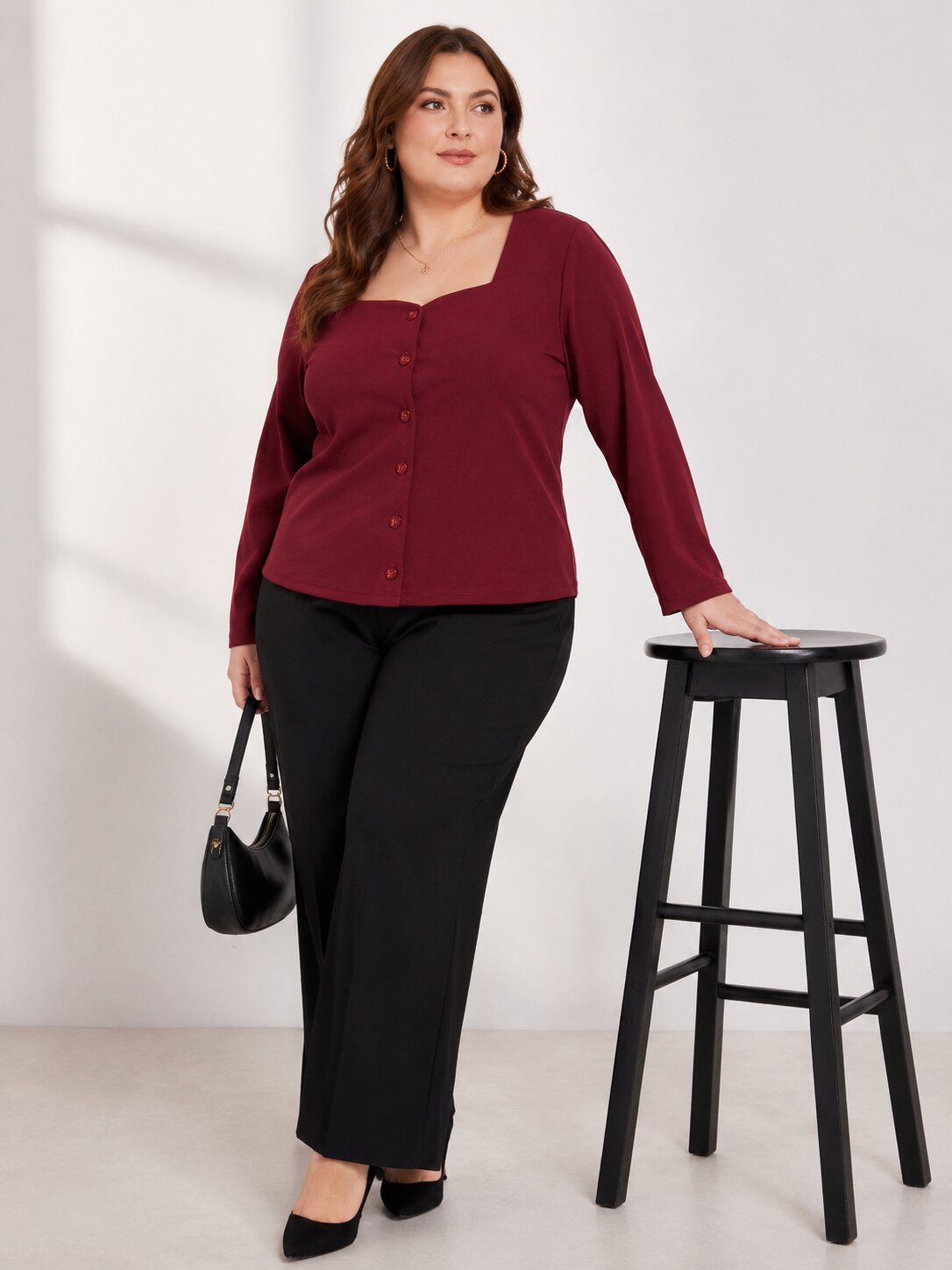 U&F Beyond Plus Size Maroon Square-Neck Button-Front Top