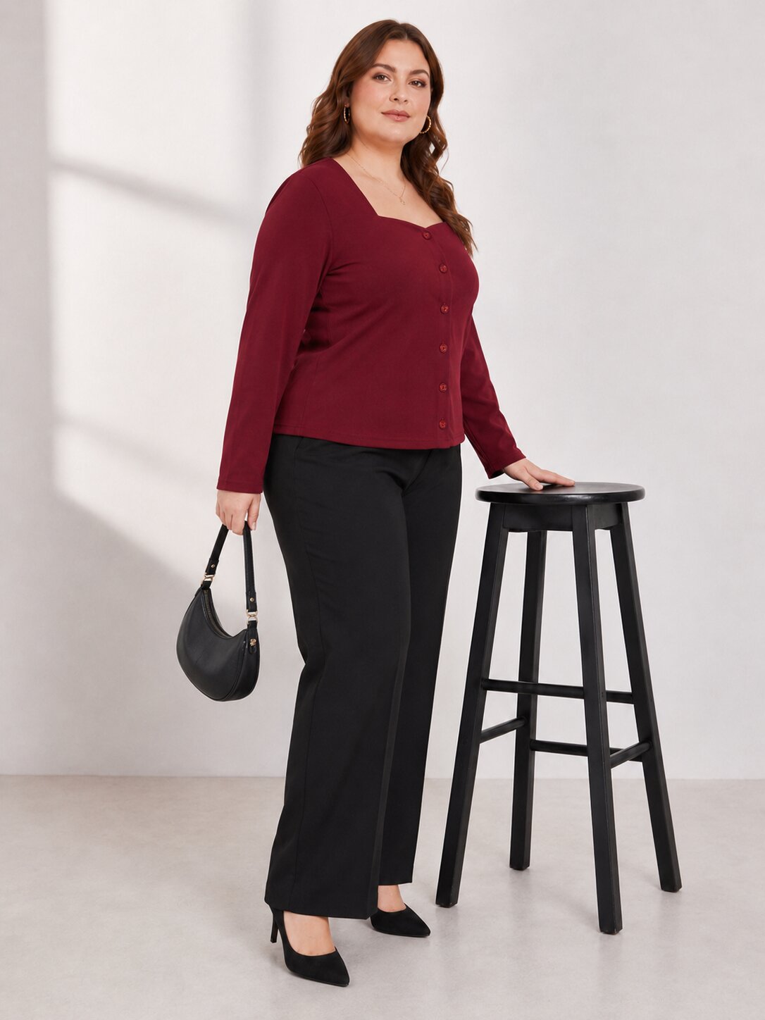 U&F Beyond Plus Size Maroon Square-Neck Button-Front Top