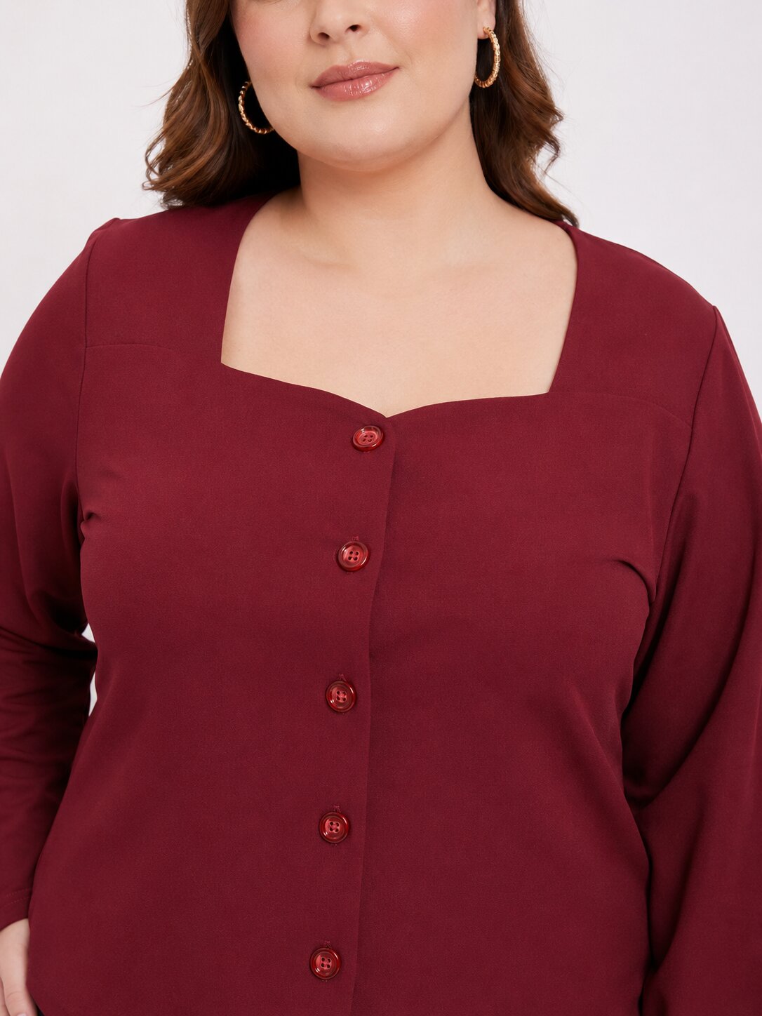 U&F Beyond Plus Size Maroon Square-Neck Button-Front Top