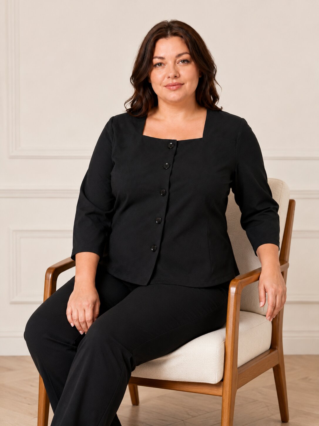 U&F Beyond Plus Size Black Solid Square-Neck Button-Front Top