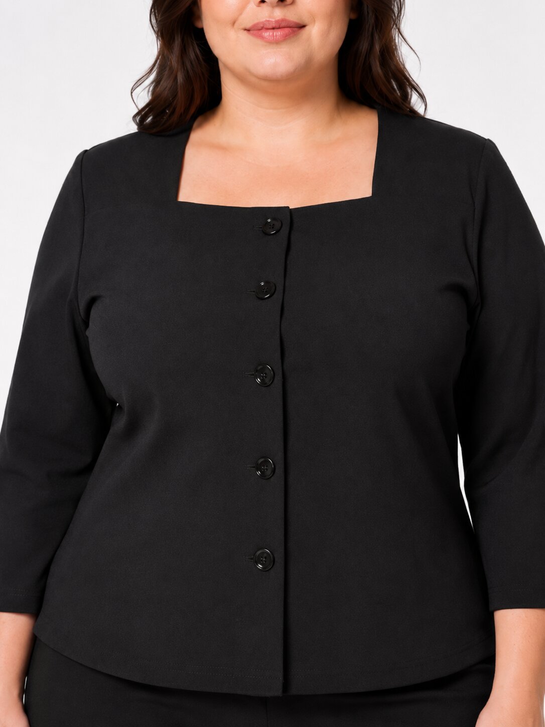 U&F Beyond Plus Size Black Solid Square-Neck Button-Front Top