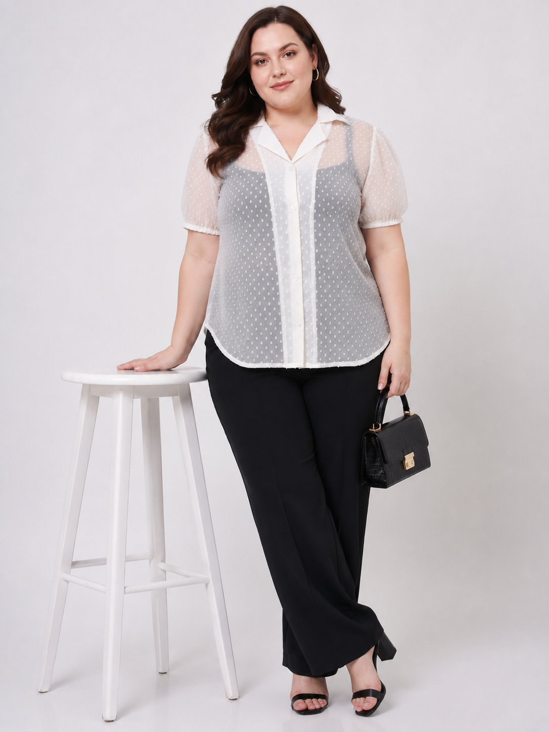 U&F Beyond White Dobby Georgette Plus Size Shirt Style Top