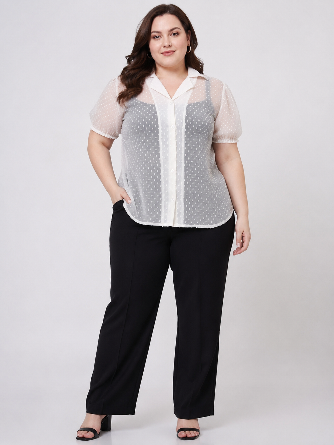U&F Beyond White Dobby Georgette Plus Size Shirt Style Top