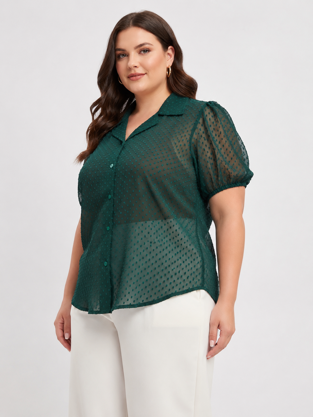 U&F Beyond Green Dobby Georgette Plus Size Shirt Style Top