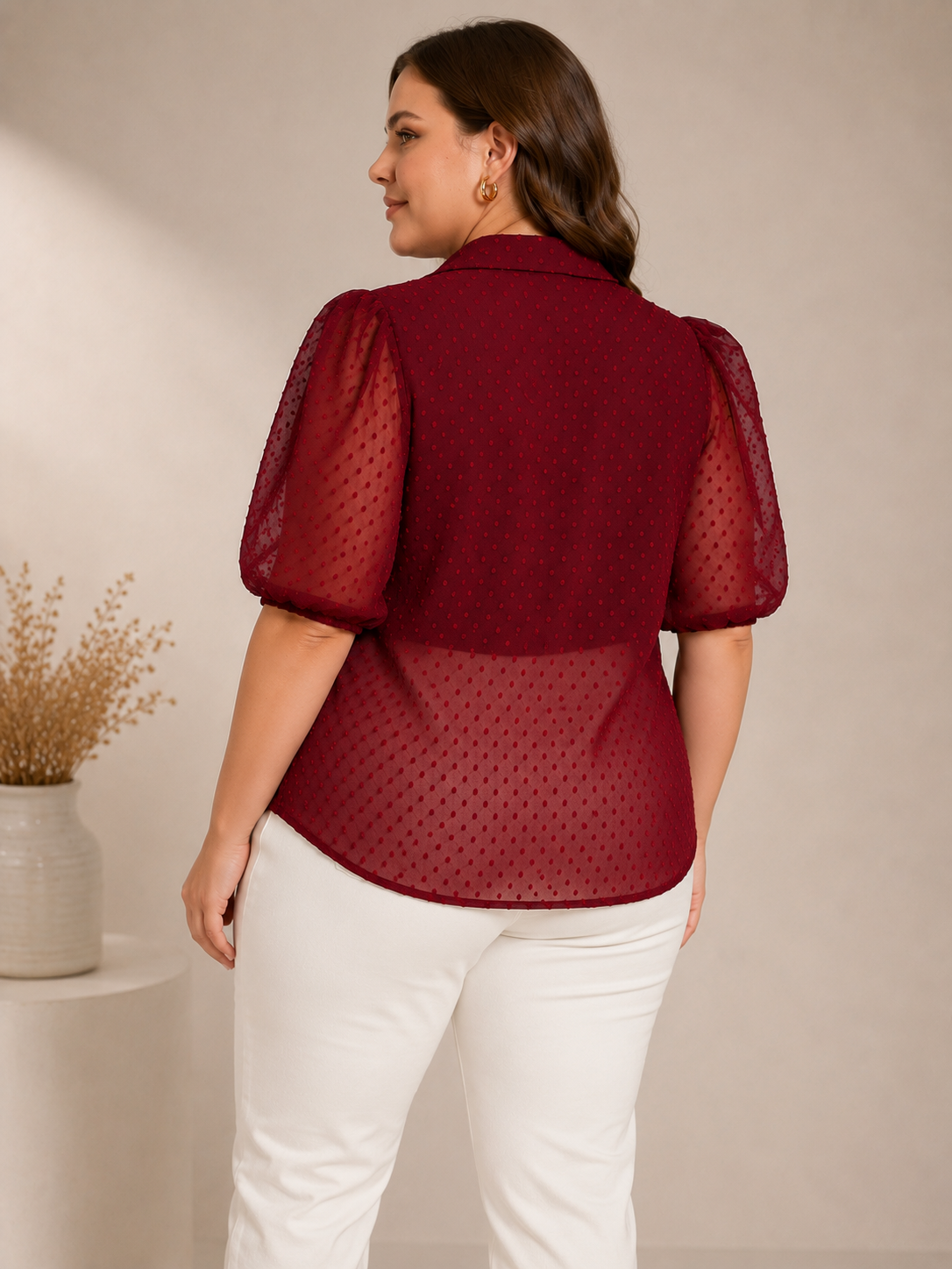 U&F Beyond Maroon Swiss Dot Sheer Plus Size Shirt Style Top