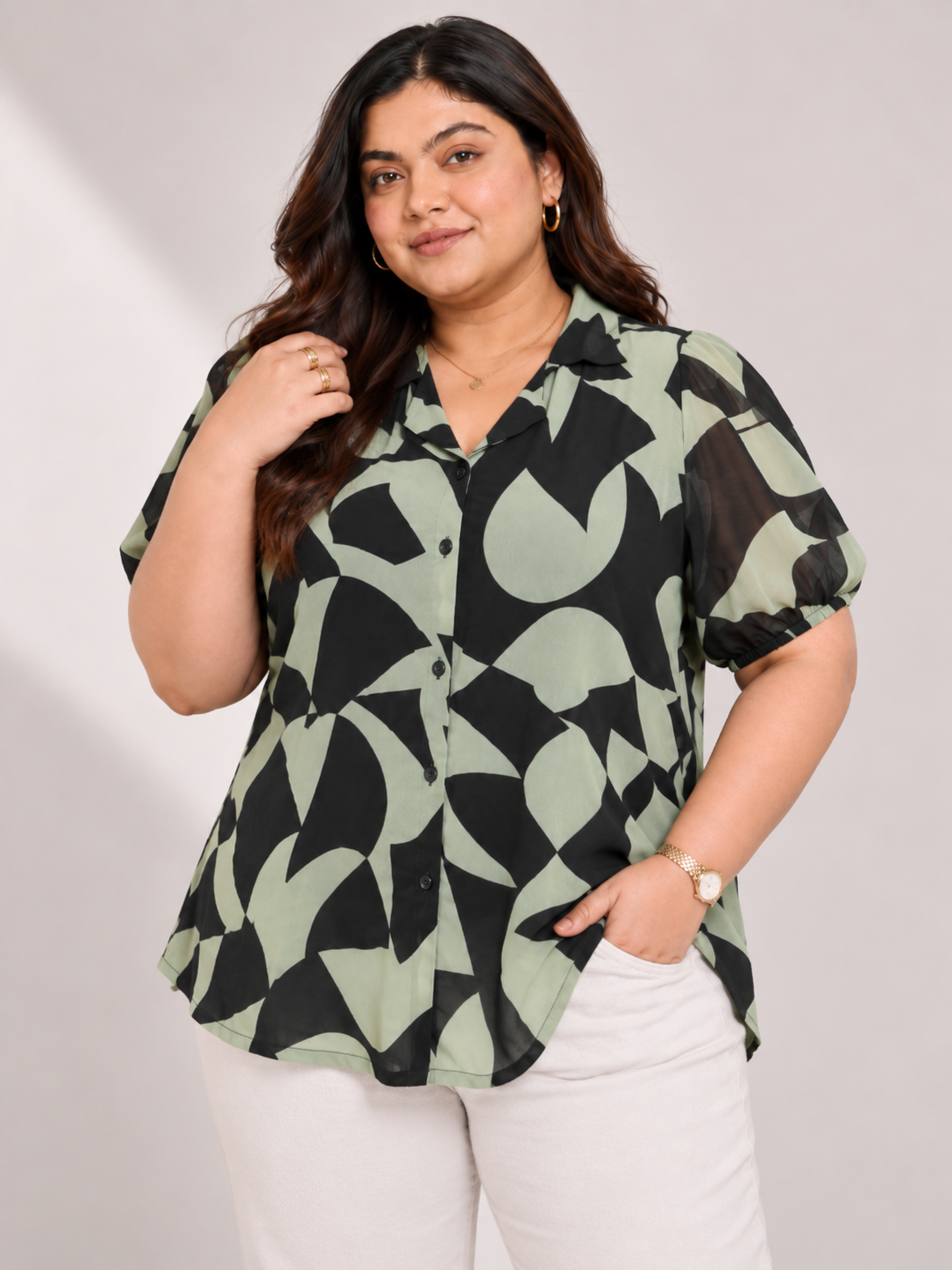 U&F Beyond Women Plus Size Sage Green & Black Abstract Print Georgette Shirt Style Top