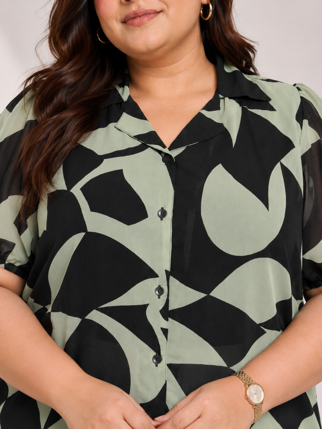 U&F Beyond Women Plus Size Sage Green & Black Abstract Print Georgette Shirt Style Top