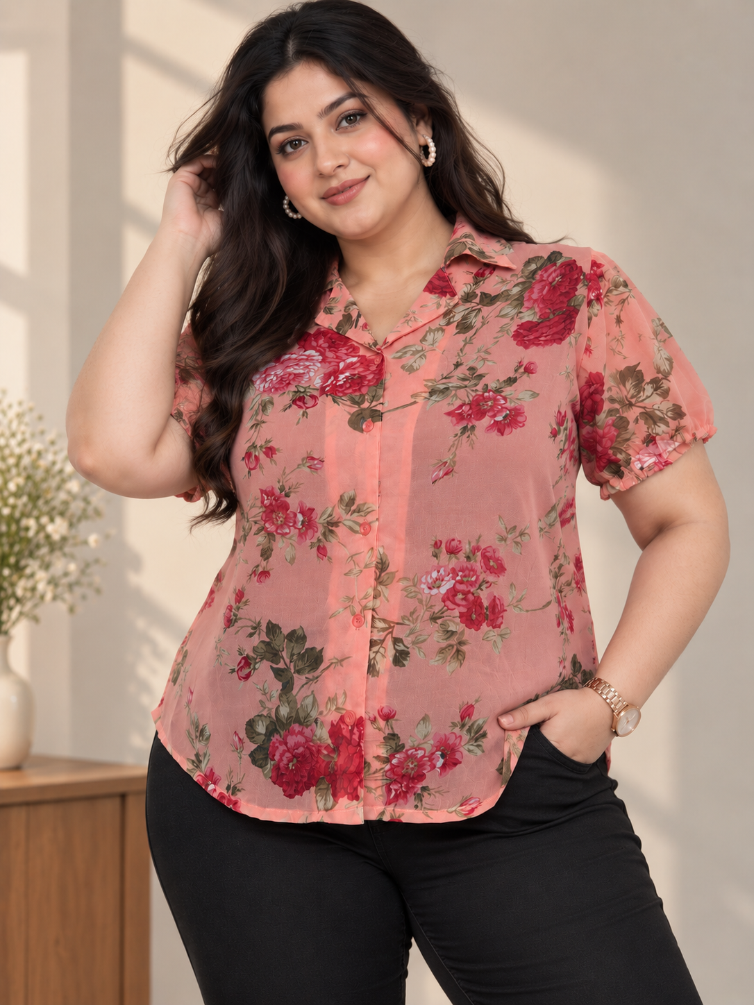 U&F Beyond Women Plus Size Pink Floral Print Georgette Shirt Style Top