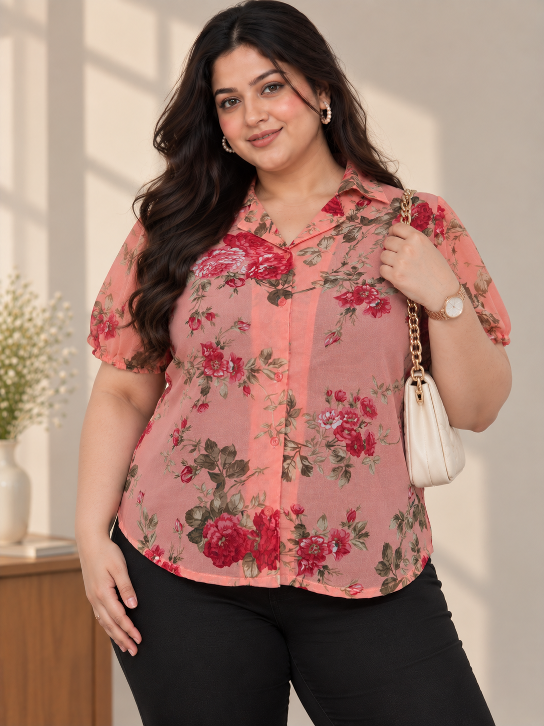 U&F Beyond Women Plus Size Pink Floral Print Georgette Shirt Style Top