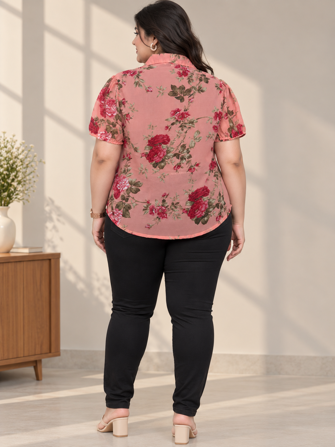 U&F Beyond Women Plus Size Pink Floral Print Georgette Shirt Style Top