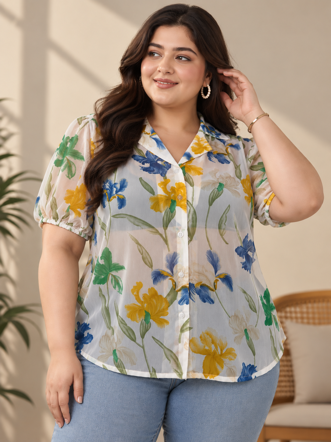 U&F Beyond Women Plus Size White Floral Print Georgette Shirt Style Top