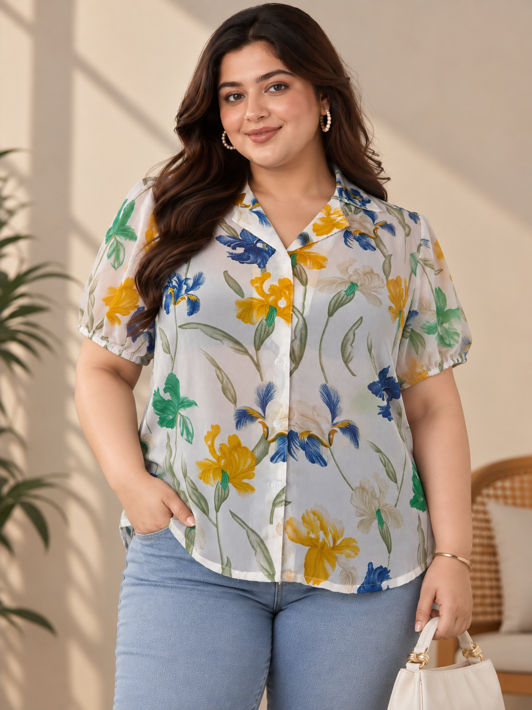 U&F Beyond Women Plus Size White Floral Print Georgette Shirt Style Top