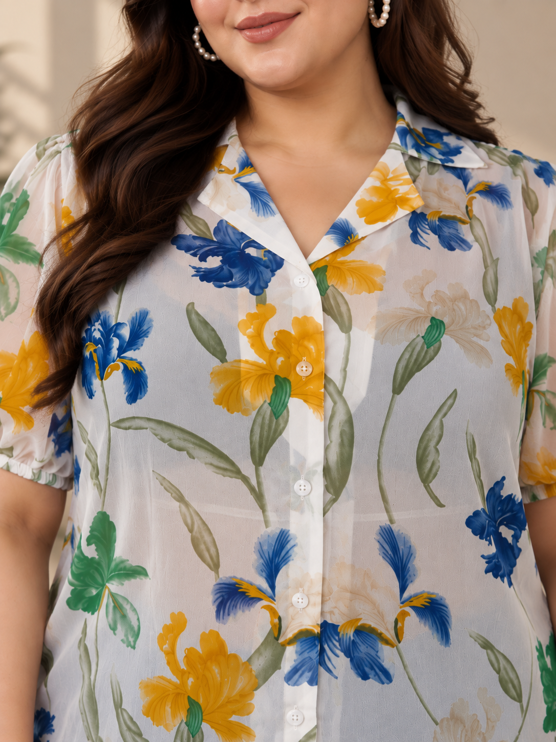 U&F Beyond Women Plus Size White Floral Print Georgette Shirt Style Top