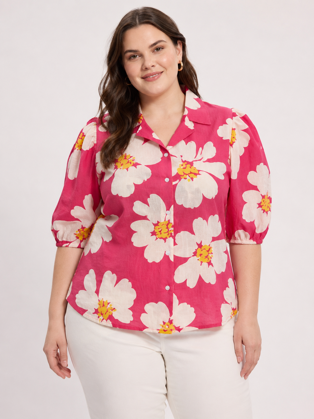 U&F Beyond Pink Floral Printed Shirt Collar Puff Sleeve Plus Size Top