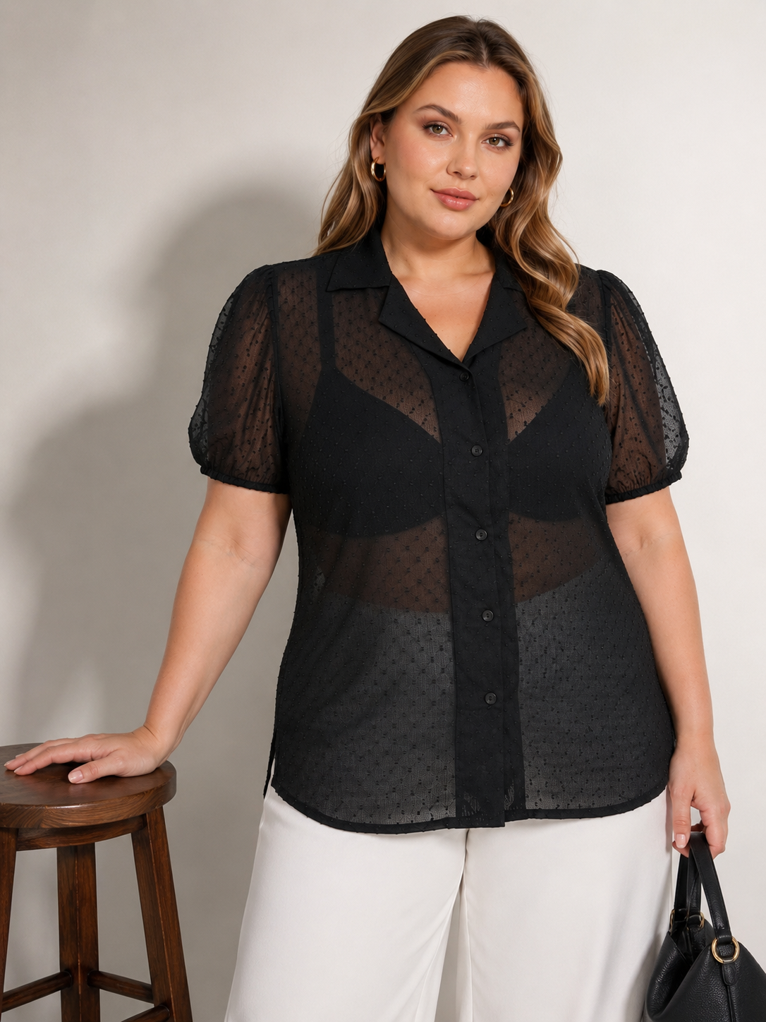 U&F Beyond Black Dobby Georgette Plus Size Shirt Style Top
