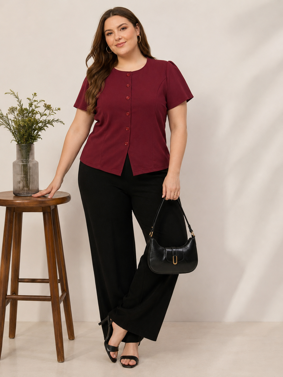 U&F Beyond Plus Size Maroon Elegant Front-Button Top
