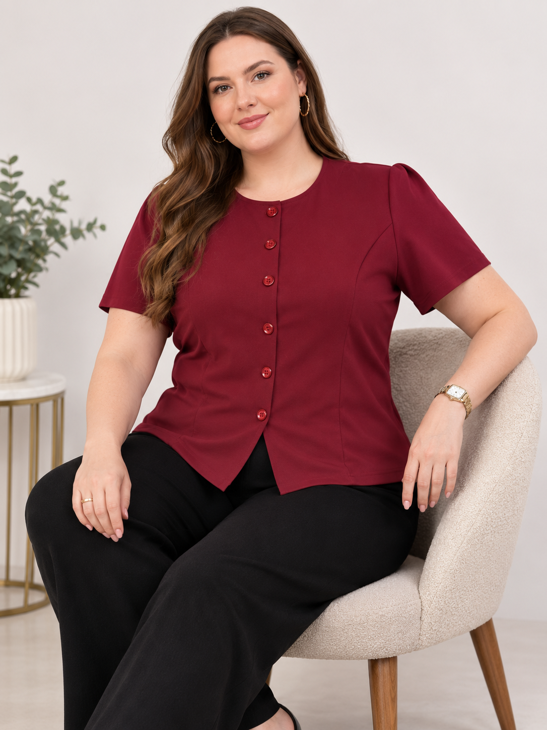 U&F Beyond Plus Size Maroon Elegant Front-Button Top