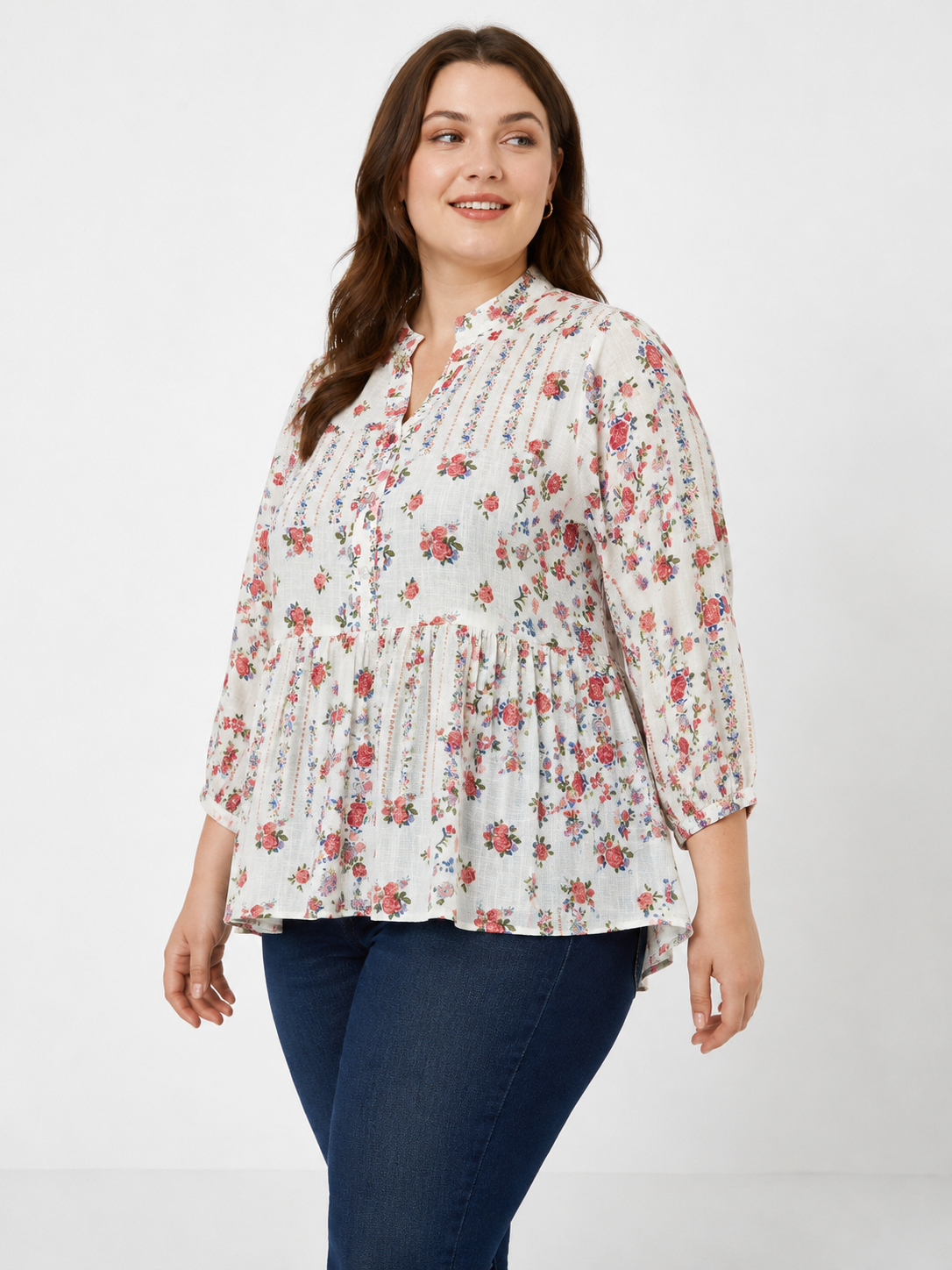 U&F Beyond Plus Cotton Size Ivory Floral Peplum Top