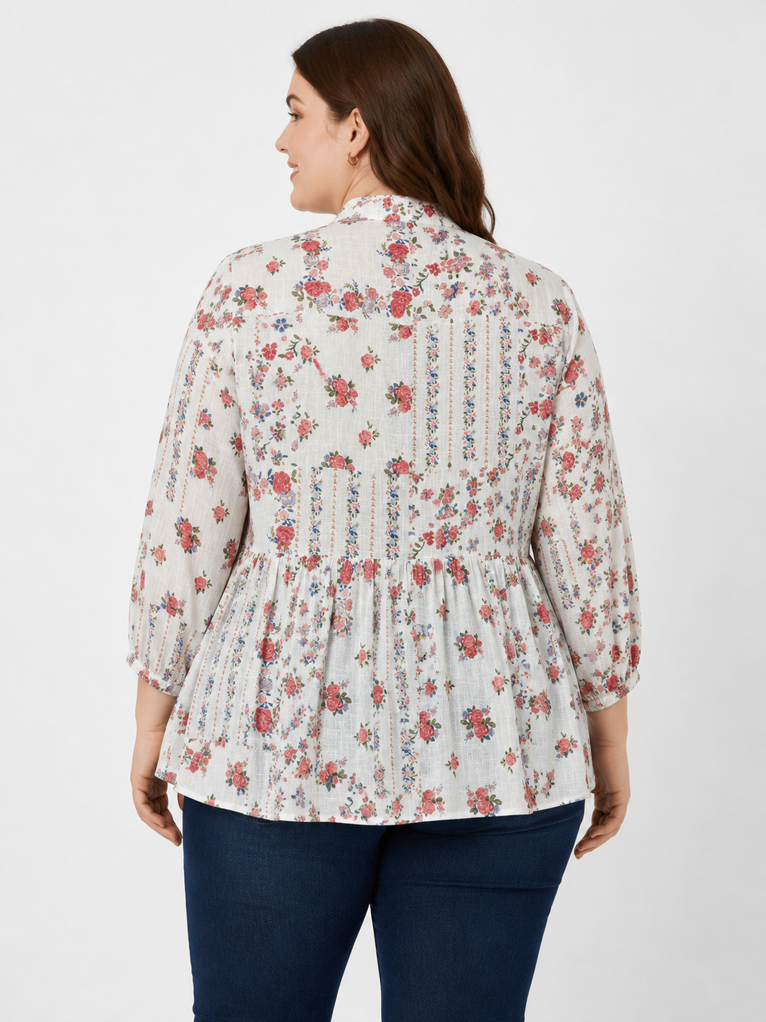 U&F Beyond Plus Cotton Size Ivory Floral Peplum Top