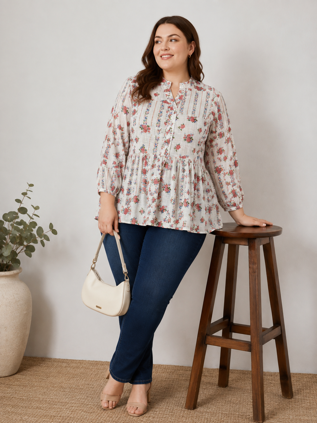 U&F Beyond Plus Cotton Size Ivory Floral Peplum Top