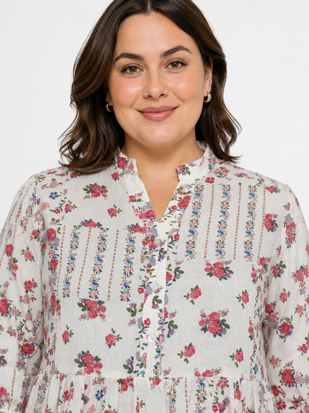 U&F Beyond Plus Cotton Size Ivory Floral Peplum Top