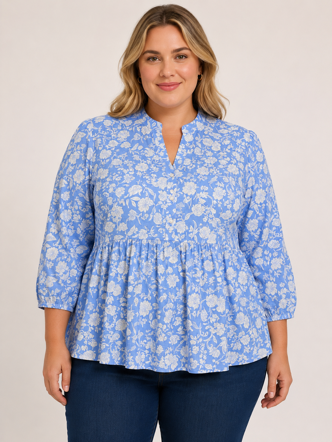 U&F Beyond Plus Size Cotton Azure Bloom Peplum Top
