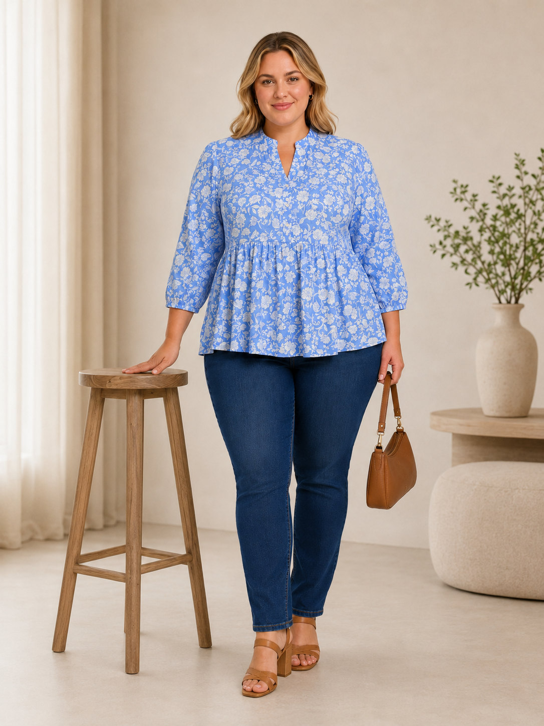 U&F Beyond Plus Size Cotton Azure Bloom Peplum Top