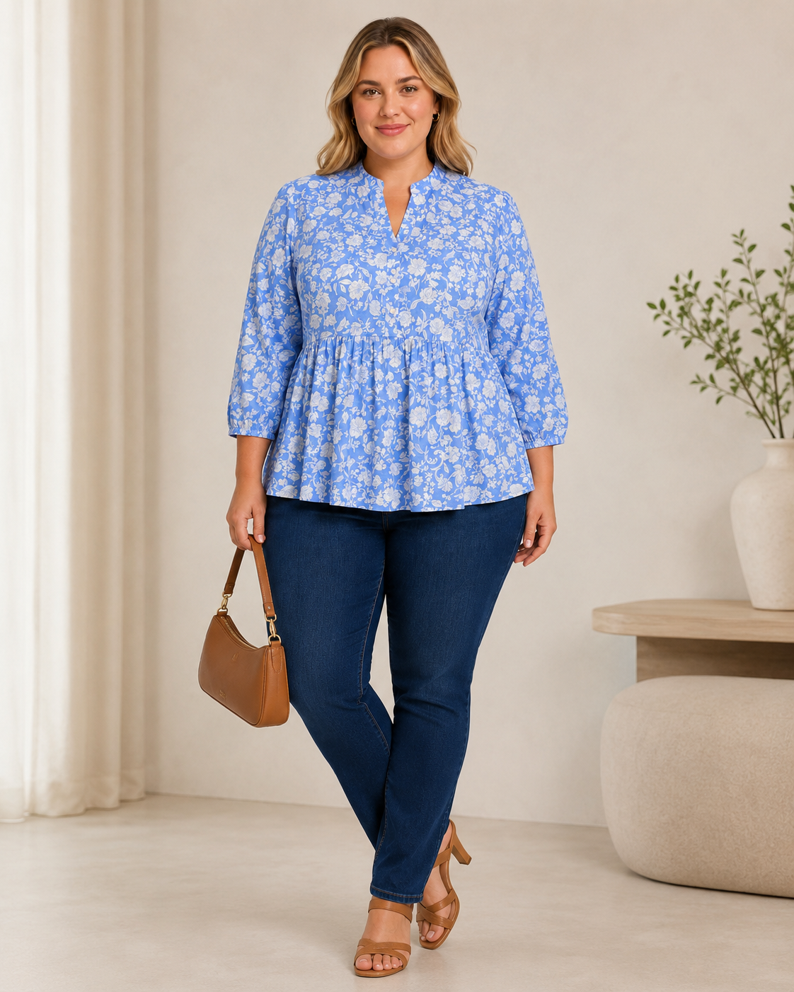 U&F Beyond Plus Size Cotton Azure Bloom Peplum Top