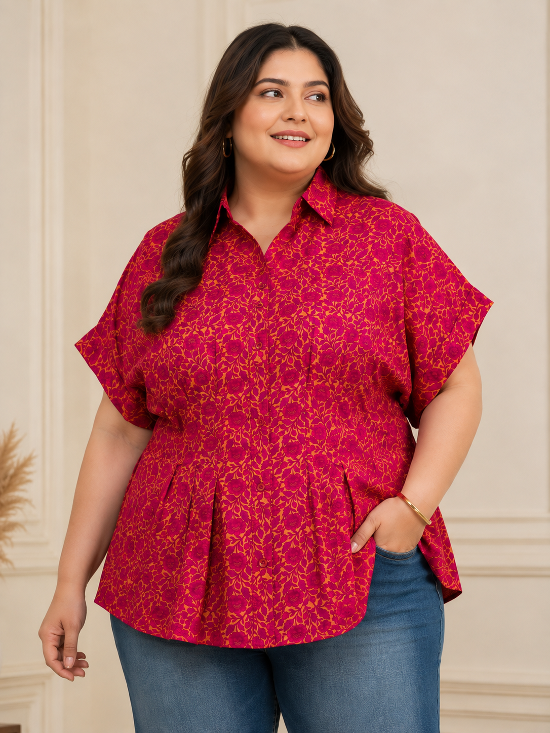 U&F Beyond Plus Size Cotton Pink Floral Peplum Shirt