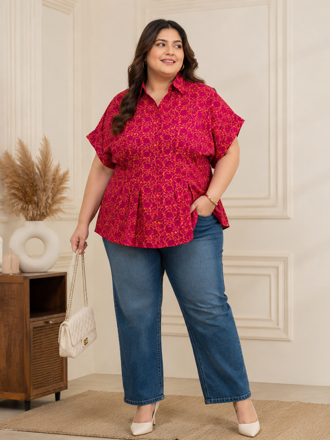 U&F Beyond Plus Size Cotton Pink Floral Peplum Shirt