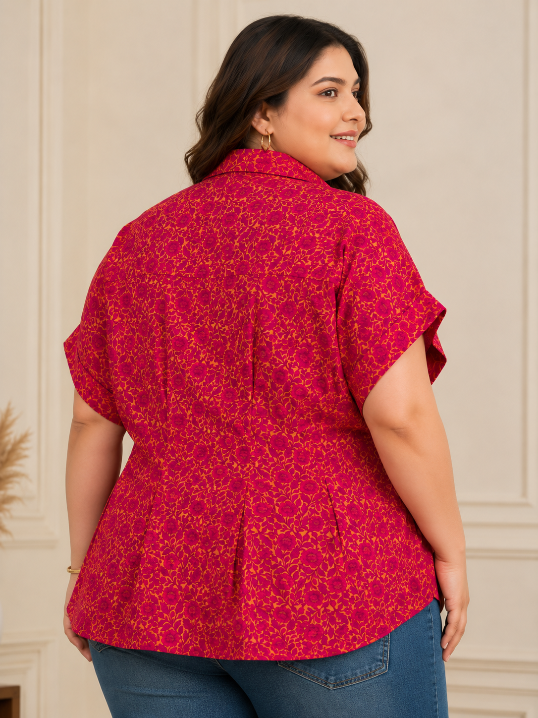 U&F Beyond Plus Size Cotton Pink Floral Peplum Shirt