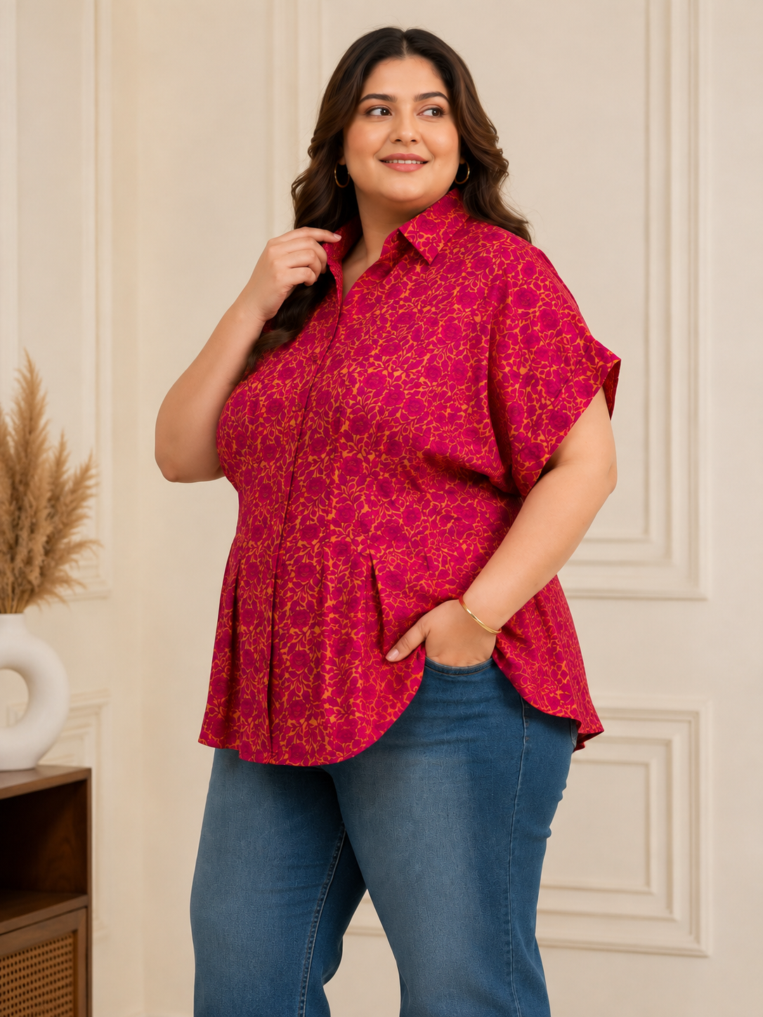 U&F Beyond Plus Size Cotton Pink Floral Peplum Shirt