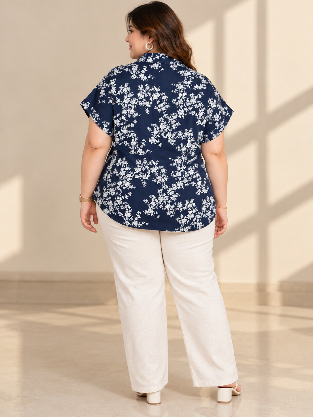 U&F Beyond Plus Size Navy Blue Floral Printed Peplum Cotton Shirt