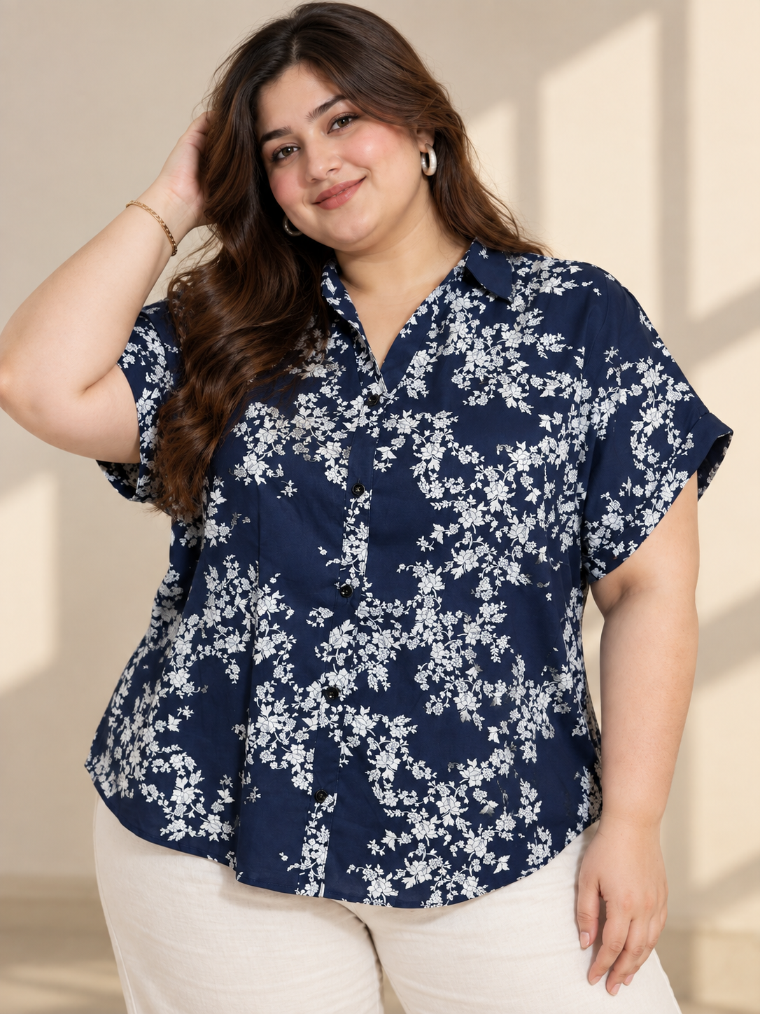 U&F Beyond Plus Size Navy Blue Floral Printed Peplum Cotton Shirt