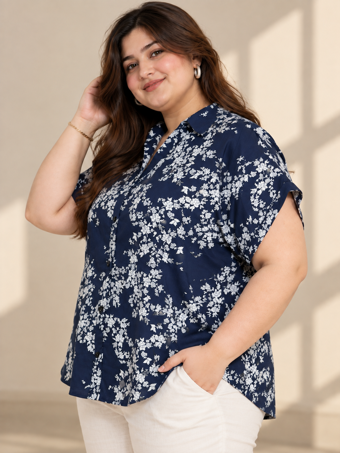 U&F Beyond Plus Size Navy Blue Floral Printed Peplum Cotton Shirt