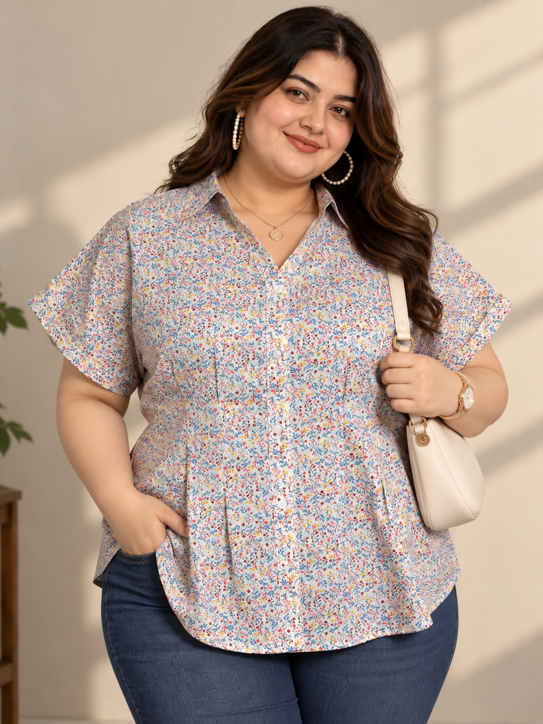U&F Beyond Plus Size Multicolour Floral Printed Peplum Cotton Shirt