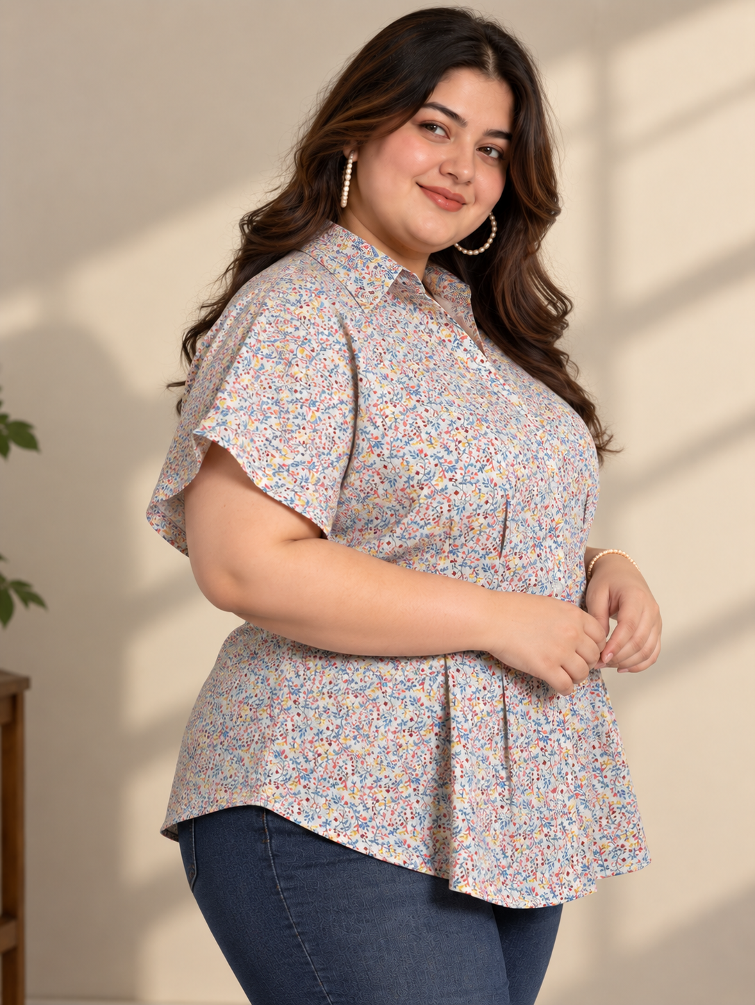 U&F Beyond Plus Size Multicolour Floral Printed Peplum Cotton Shirt