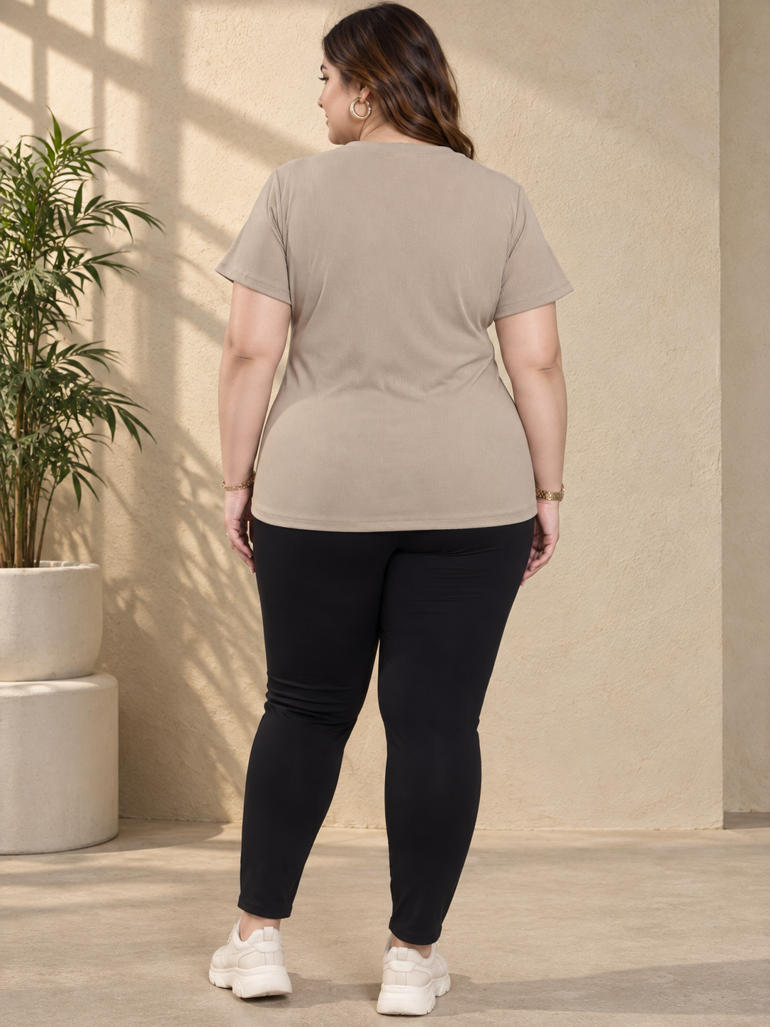 U&F Beyond Women Plus Size Beige Solid Twist-Front Top