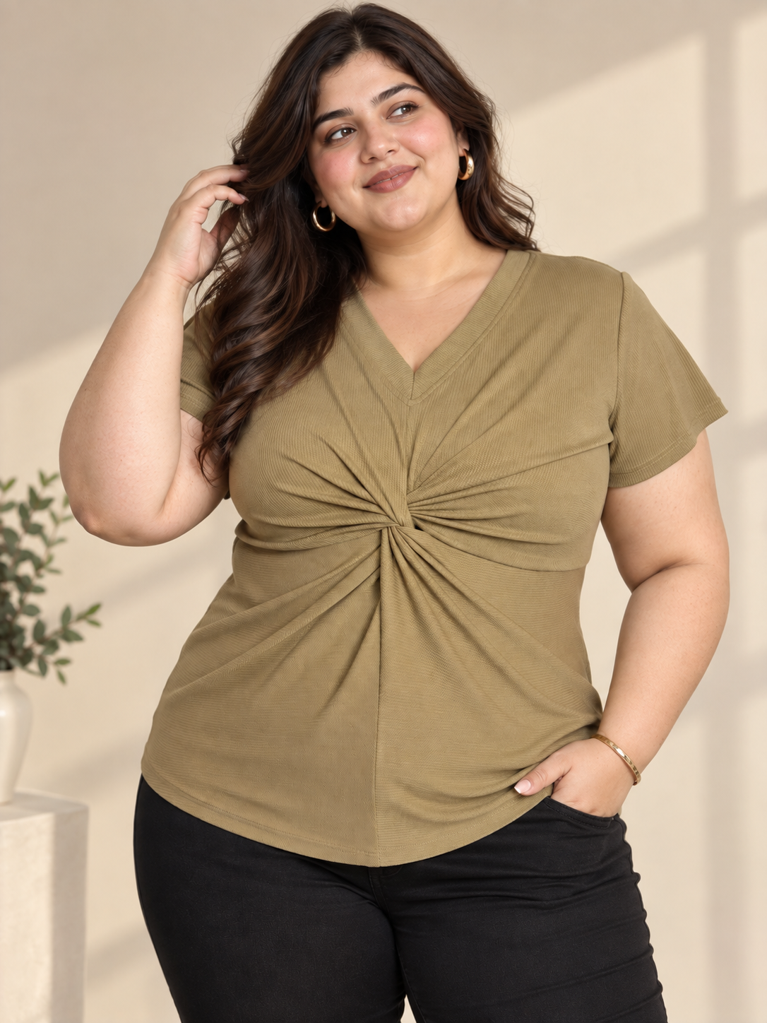 U&F Beyond Olive Green Solid Plus Size Twist Front V-Neck Top
