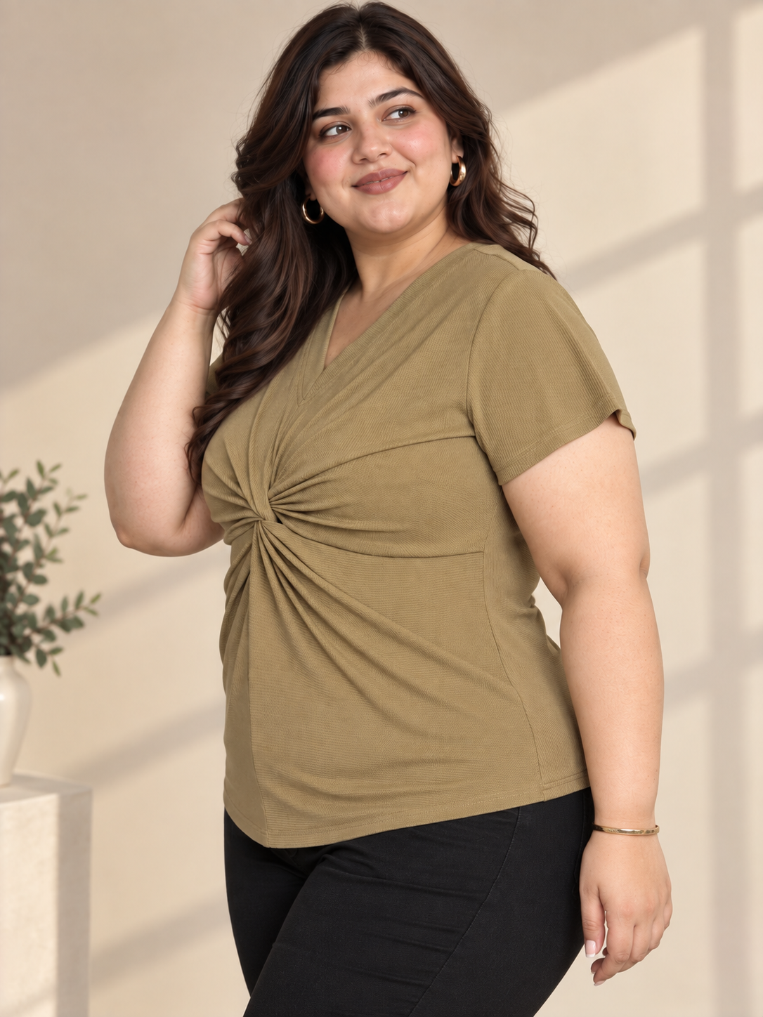 U&F Beyond Olive Green Solid Plus Size Twist Front V-Neck Top