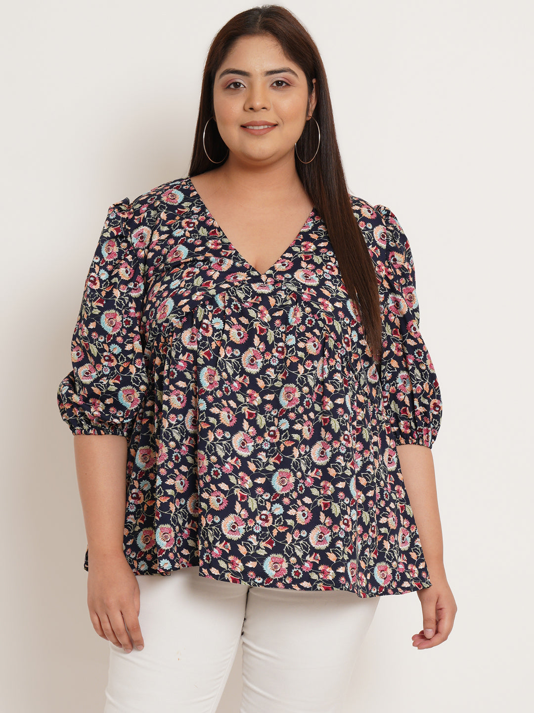 Women Plus Size Floral Printed V Neck Top