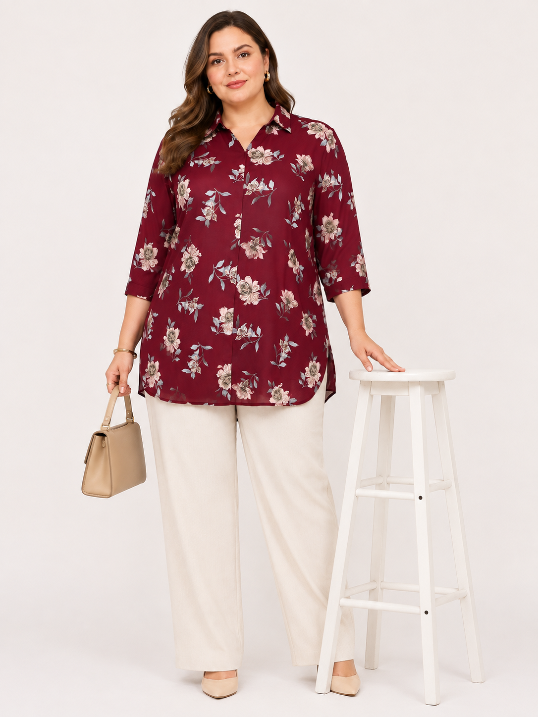 U&F Beyond Maroon Floral Printed Plus Size Shirt Style Top