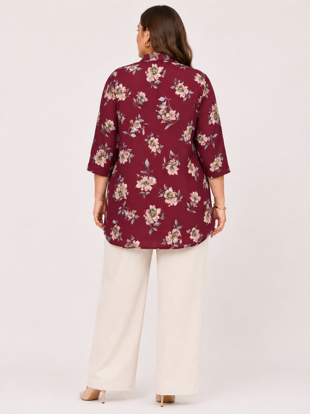 U&F Beyond Maroon Floral Printed Plus Size Shirt Style Top