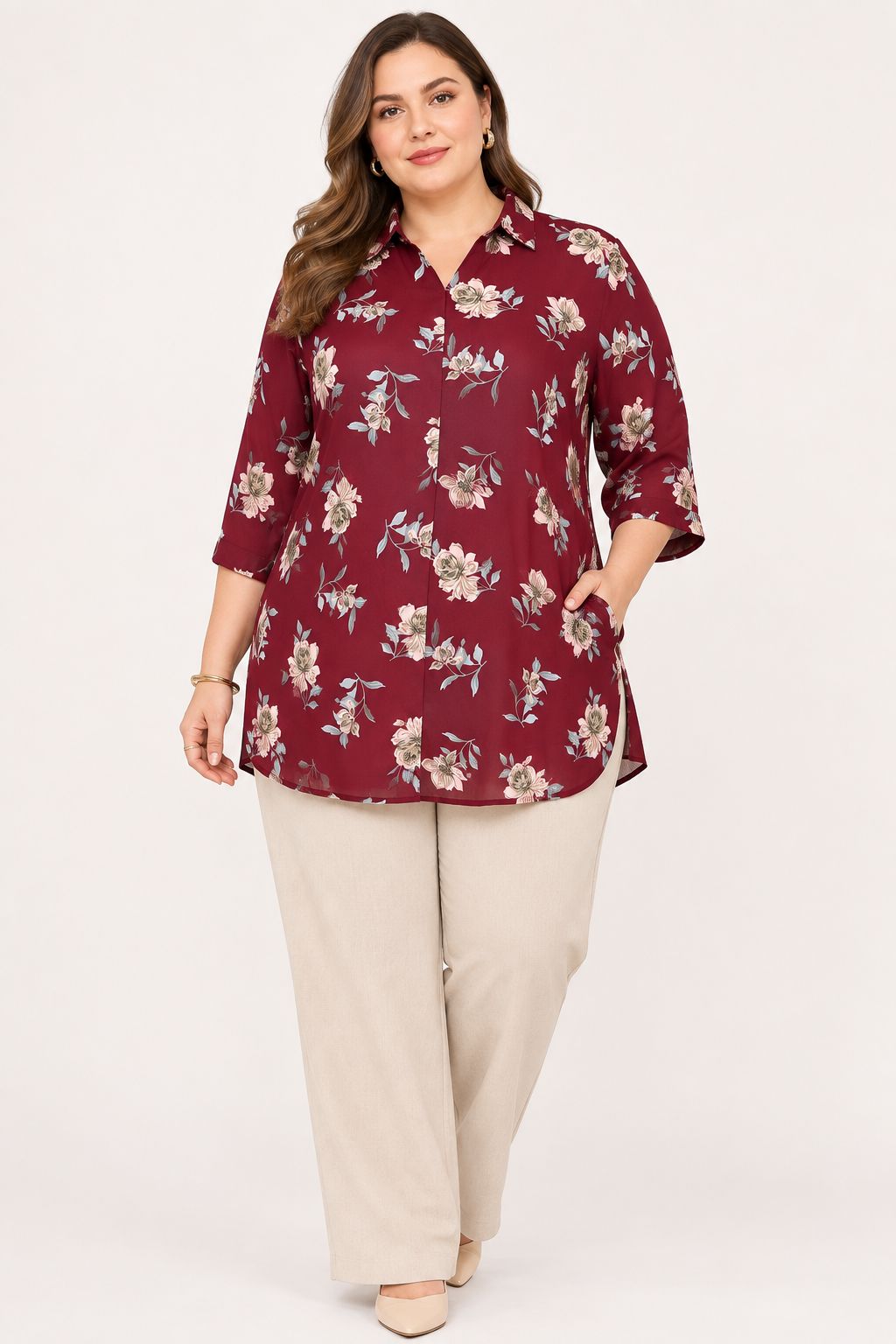 U&F Beyond Maroon Floral Printed Plus Size Shirt Style Top