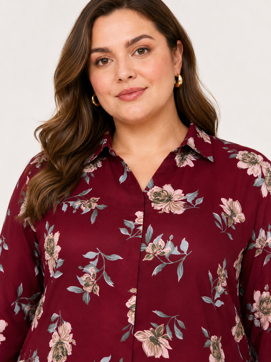 U&F Beyond Maroon Floral Printed Plus Size Shirt Style Top