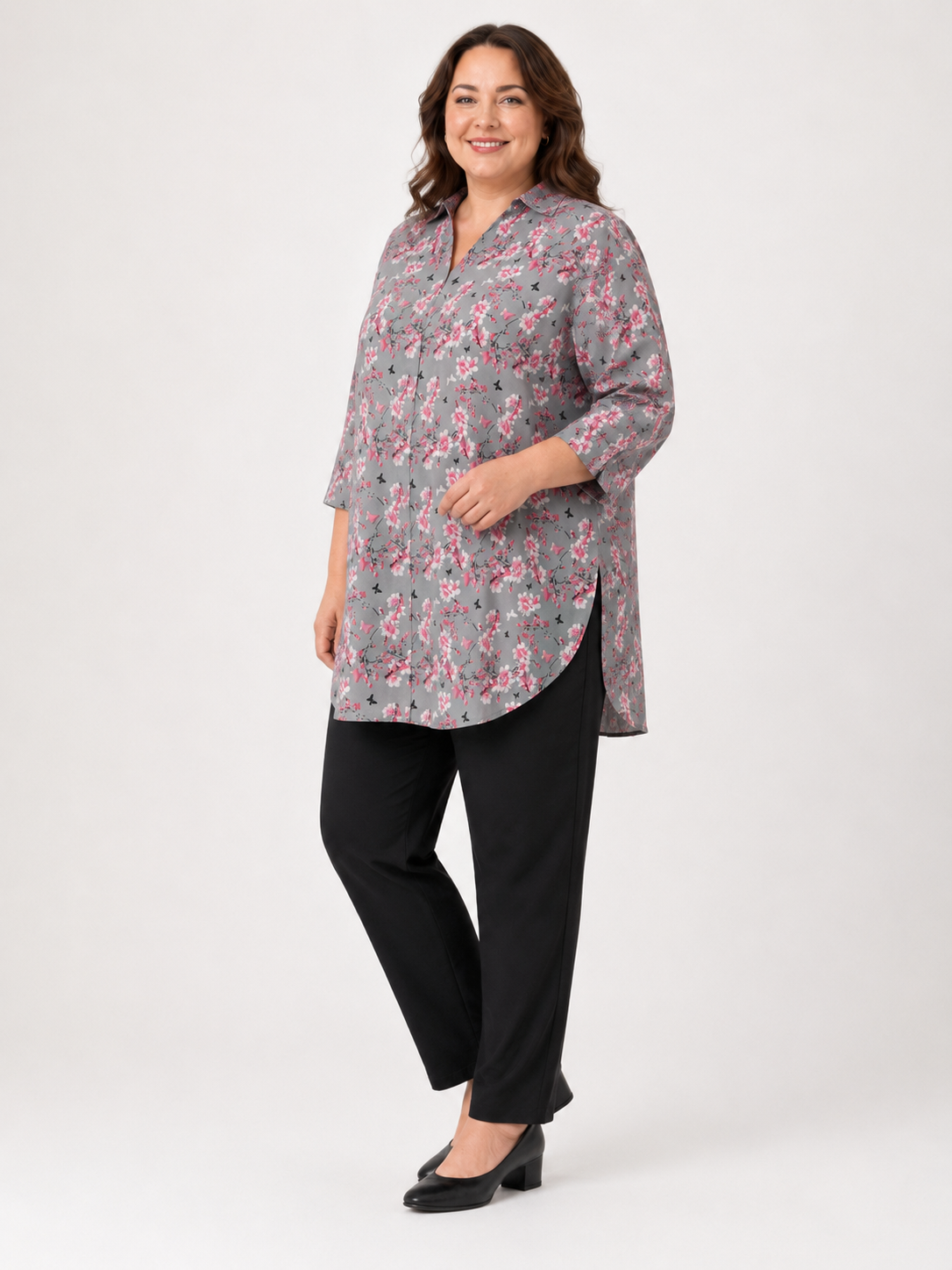 U&F Beyond Grey Floral Printed Plus Size Shirt Style Top